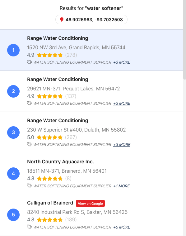 Google search results showing Range Water Conditioning appearing 3 times for water softener search